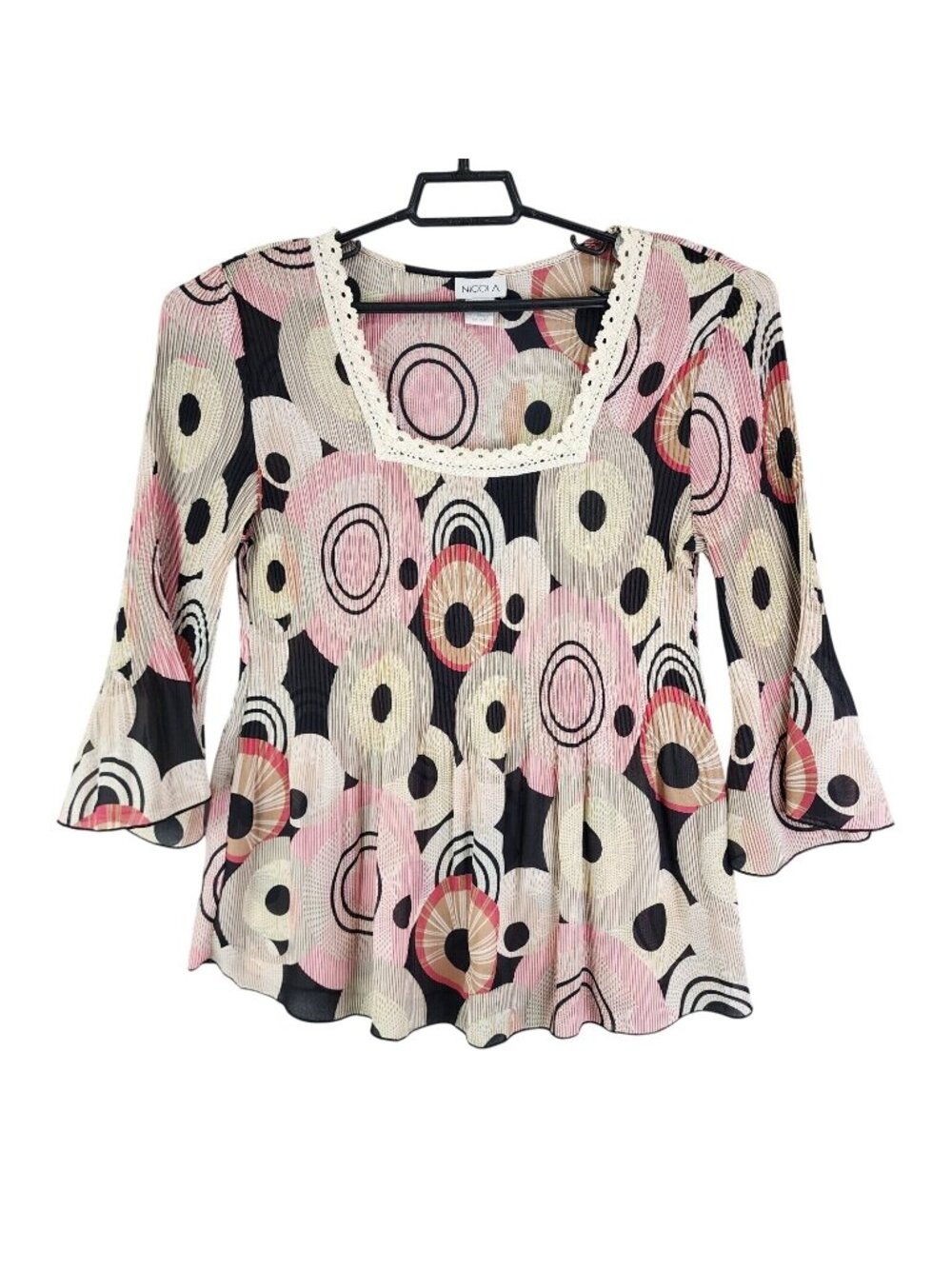 Womens Nicola Multicolor Circles Square Neck Blouse Bell Sleeves Polyester M